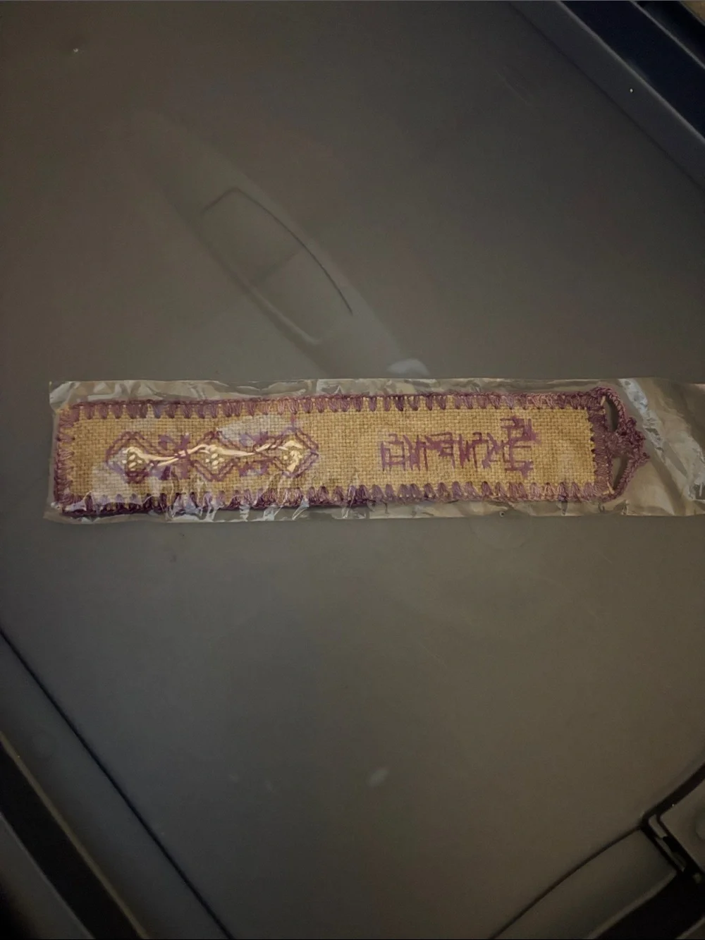 Handmade Embroidered Beige and Purple Bookmark